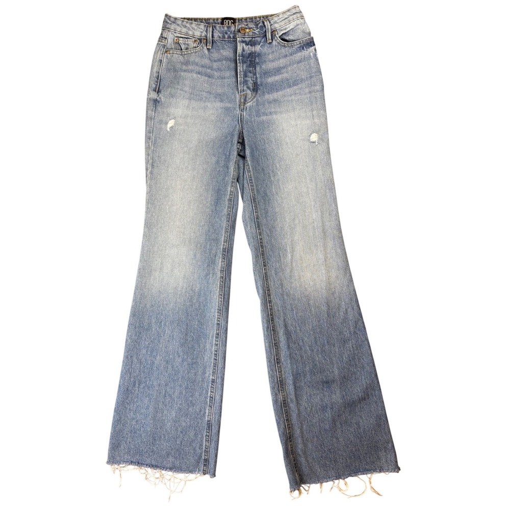 BDG High Rise Flare Jeans Light Wash Button Fly Distressed Raw Hem Blue 26